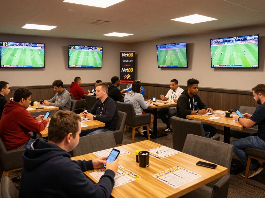 patrons engaged in sports betting at a lively lounge featuring Net88 branding