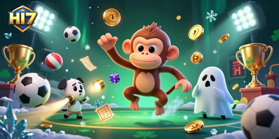 Engage in thrilling gaming experiences at HI77, featuring a poltergeist monkey amidst immersive casino elements.
