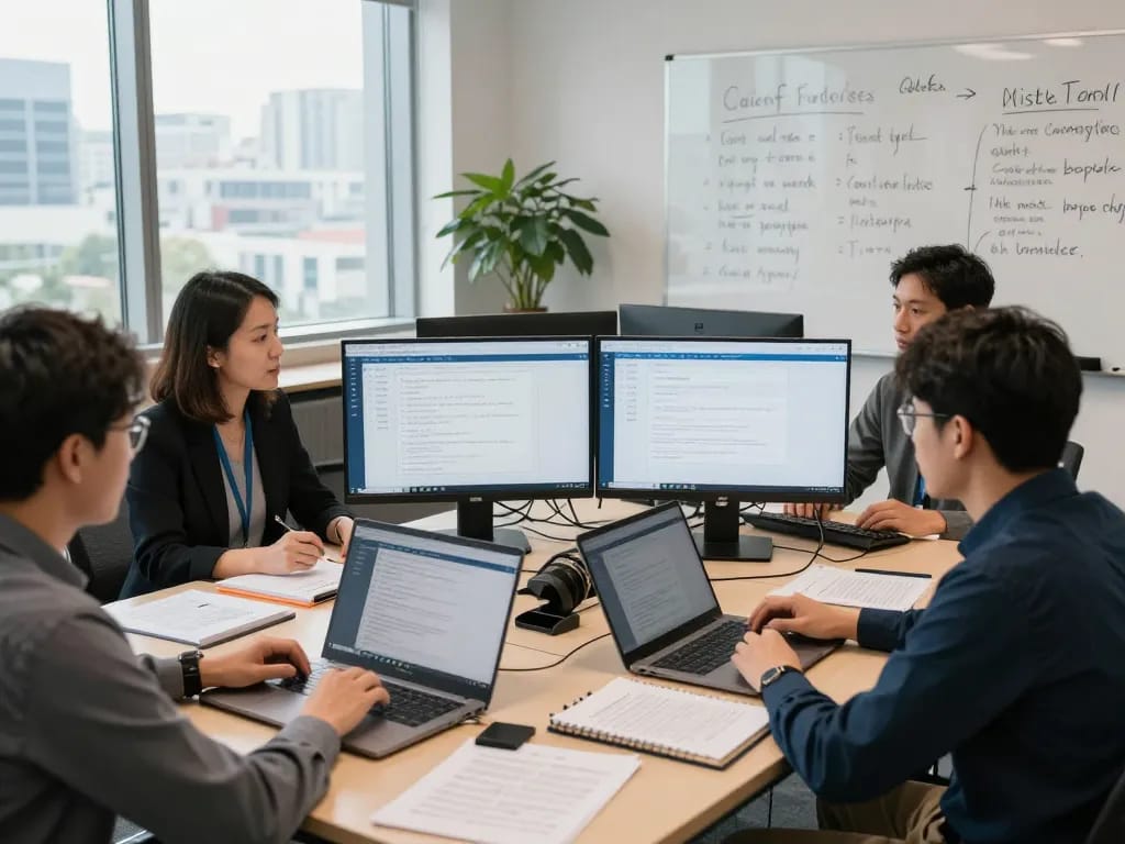 专业团队在现代办公室中利用易翻译电脑版进行协作翻译解决方案。
