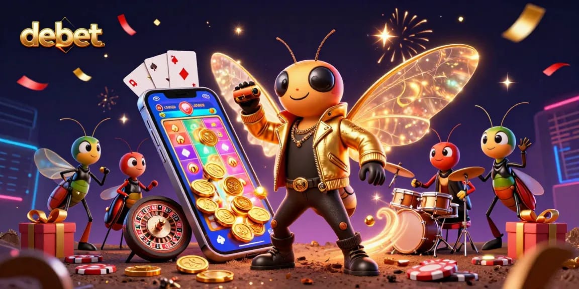 Play exciting games on debet with a vibrant casino scene featuring a cicada rock star and dynamic elements.