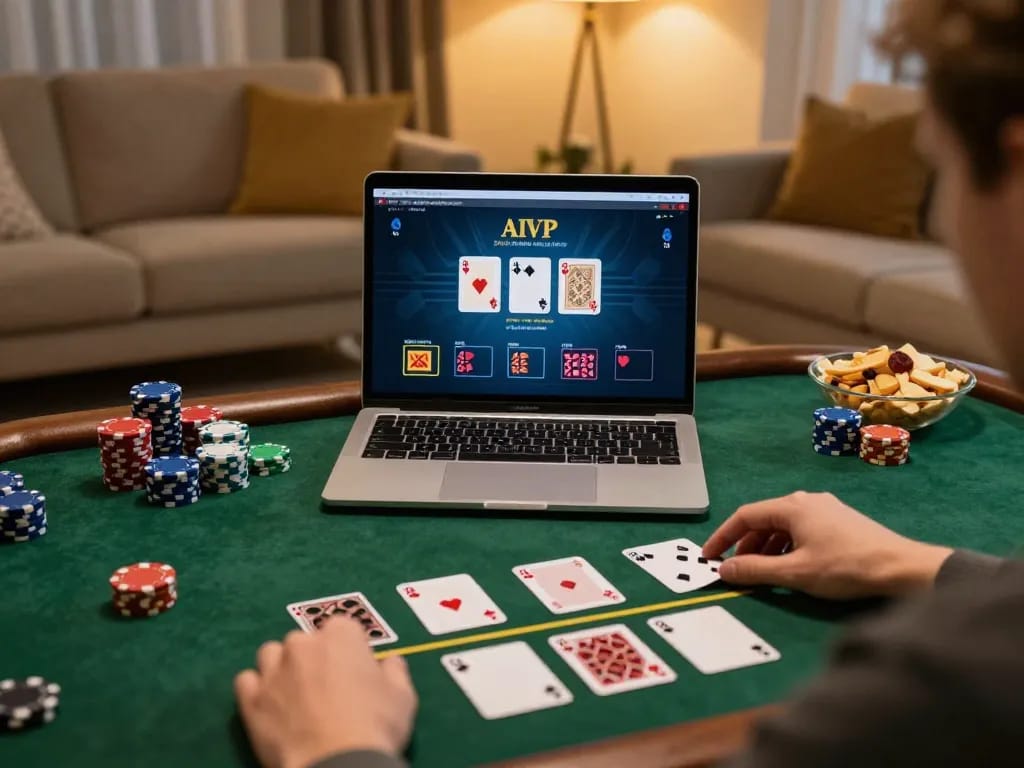Player engages in online blackjack at cm88-vn from a cozy living room, showcasing an inviting gaming atmosphere.
