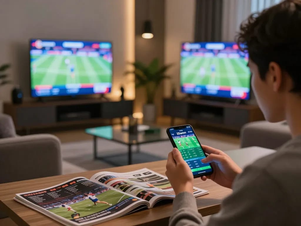 Betting on sports with 33winn app in a modern living room while watching the game.