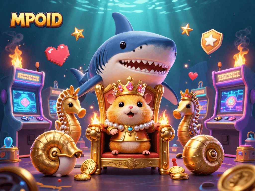 MPOID features a golden hamster king surrounded by casino-themed game elements in a vibrant underwater scene.