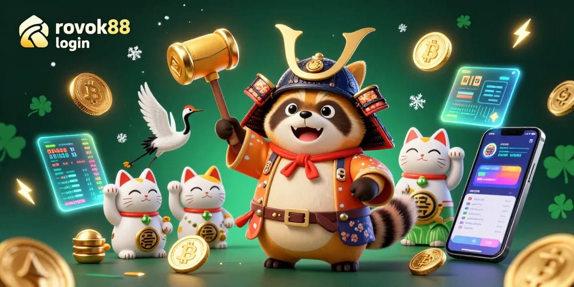 Engage with the vibrant rokok88 login scene showcasing a cheerful tanuki and crypto elements during online gaming.