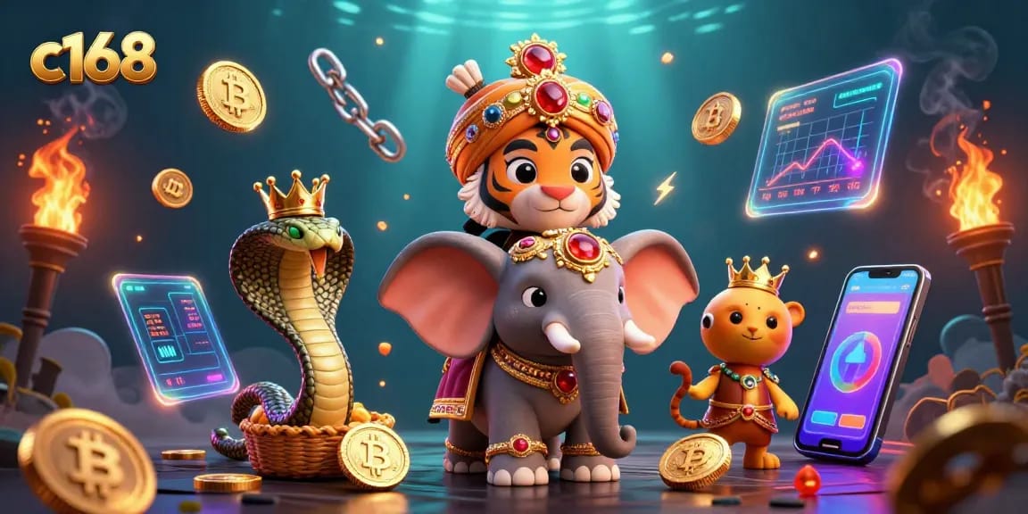 C168 immersive gaming scene featuring a jewel-encrusted elephant and crypto elements in dynamic casino atmosphere.