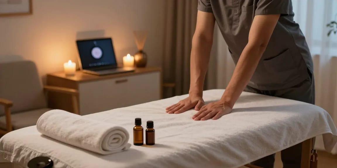 출장마사지 therapist preparing a calming home environment with soft lighting and oils.
