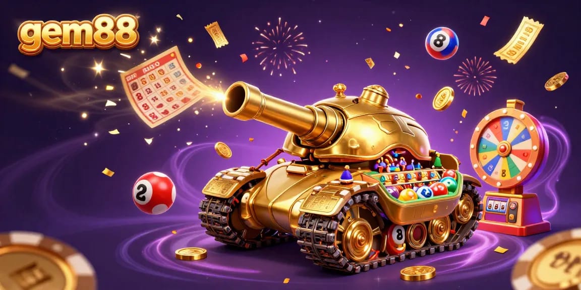 Win exciting prizes at gem88 in this vibrant 3D casino celebration illustration.