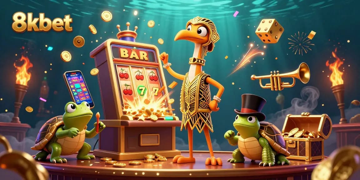 Experience excitement at 8xbet with a vibrant scene featuring a slot machine, turtle, and frog in a casino setting.