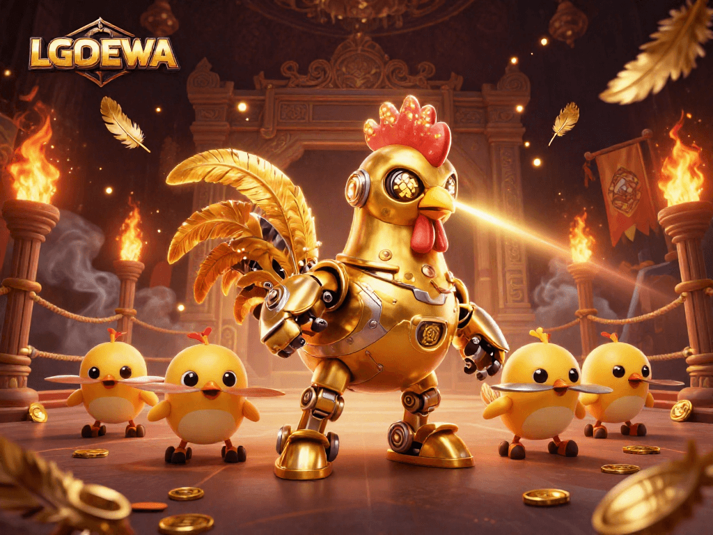 Experience the excitement of LGODEWA as a golden rooster robot fires laser patterns in a rich casino scene.