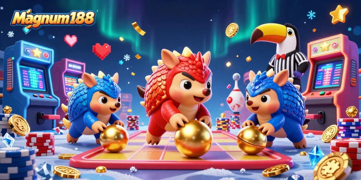 Experience thrilling gameplay at magnum188 with animated pangolins in a vibrant casino scene.
