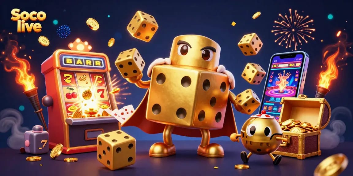 Soco live showcases thrilling casino action with dice golem and slot machines in vibrant 3D