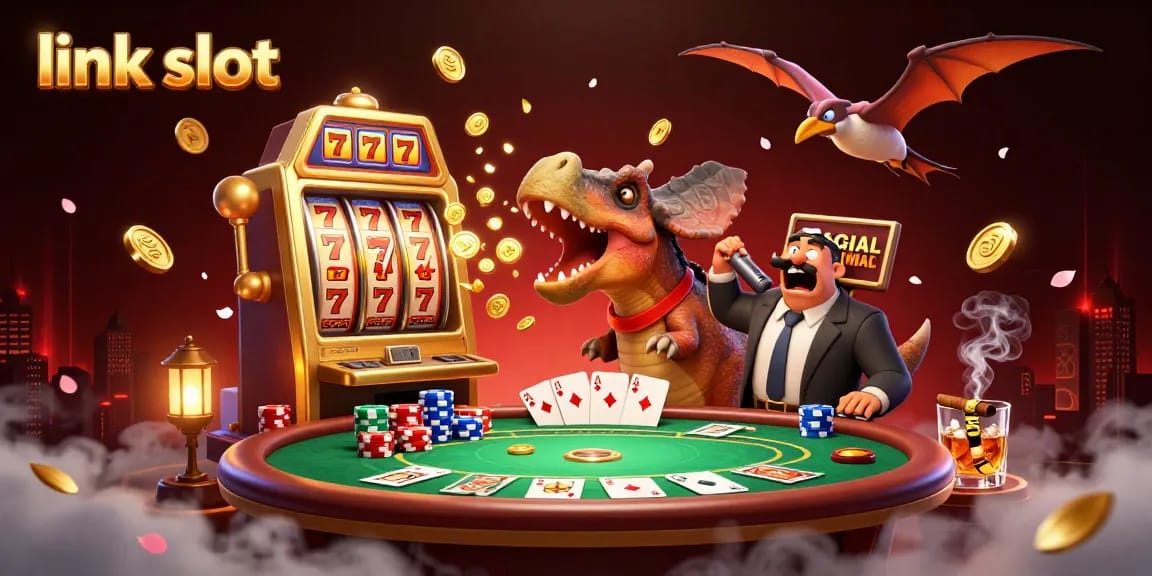 Experience the thrill of link slot games as a pachycephalosaurus wins big at a golden slot machine, showering coins!