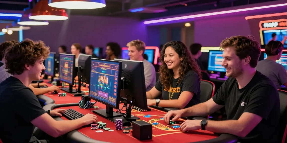 Players enjoying dynamic gameplay at credit card casinos with colorful lights and engaging graphics.