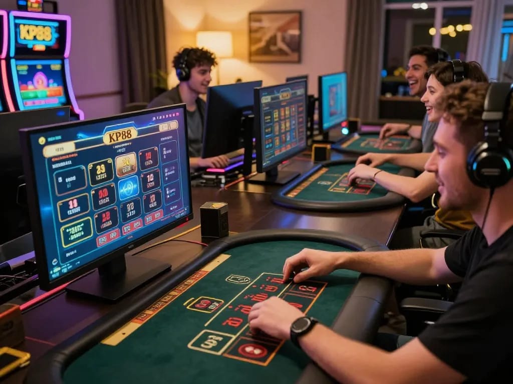 Players enjoying thrilling games on KP88 online casino platform in a cozy home setting