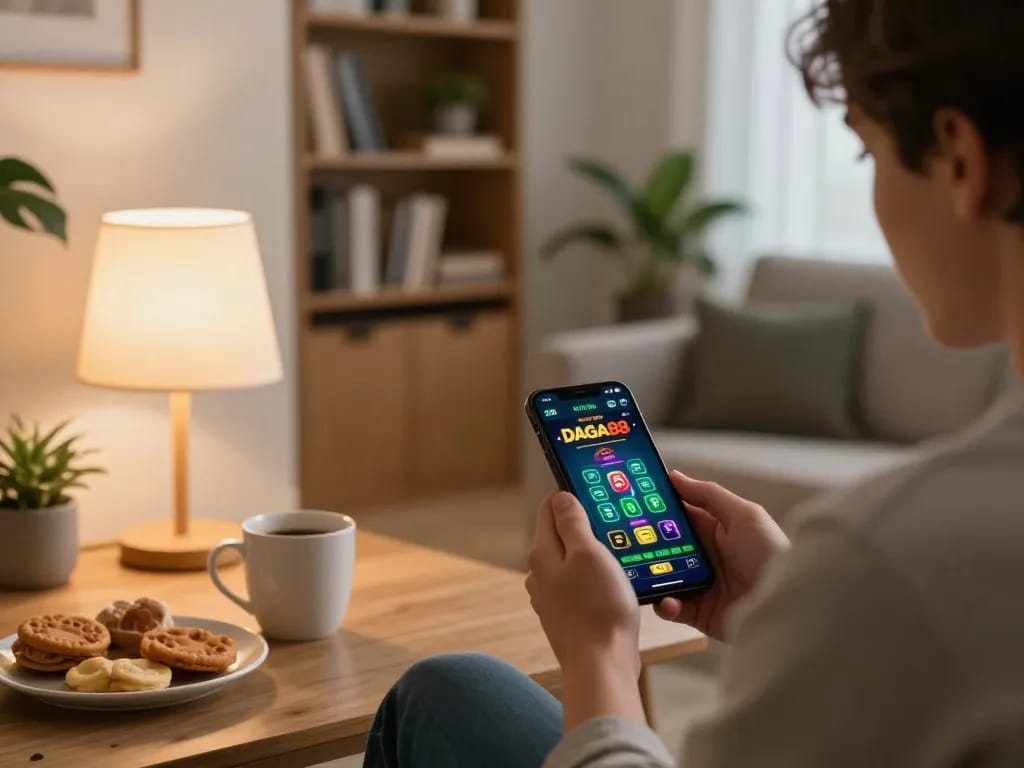 DAGA88 player placing bets on a smartphone app in a cozy home setting.