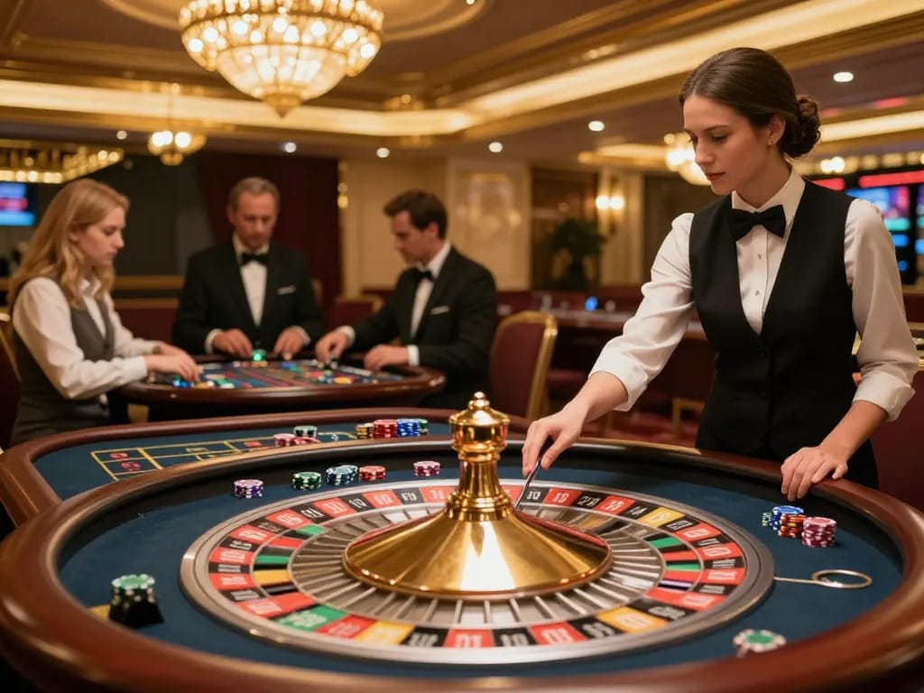 Engaged players witnessing the SC88 roulette wheel spin at an upscale casino, vibrant ambiance enhancing excitement.