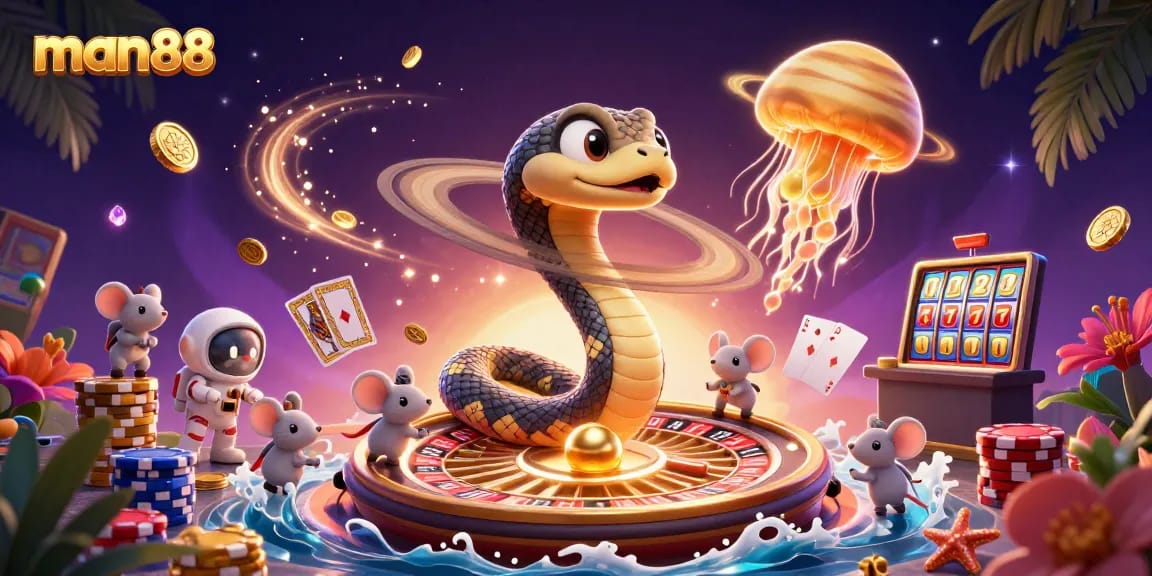 Experience man88 with a cosmic casino scene featuring astronaut mice betting around Saturn's rings.