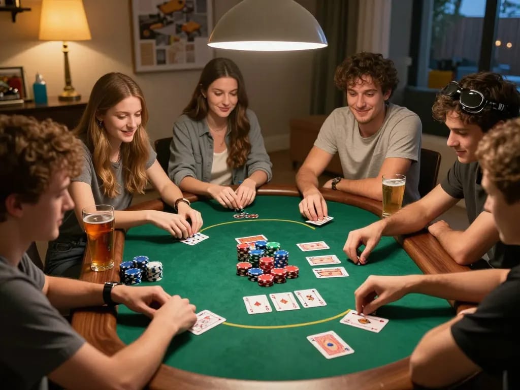 Players enjoying a lively poker game at home, showcasing dynamic interaction in a nhà cái gk88 gaming atmosphere.