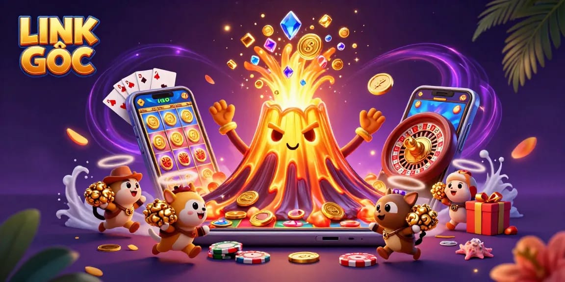 Experience excitement with LINK GỐC in a vibrant 3D illustration celebrating casino winnings.