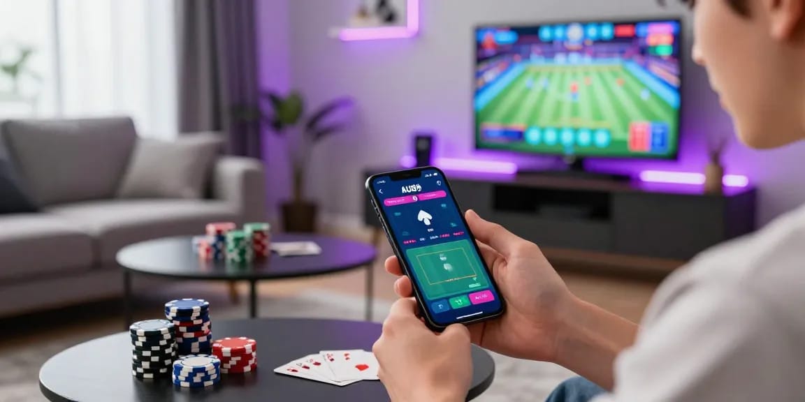 Experience tải au88 easily with this engaging mobile gambling setup in a cozy living room.
