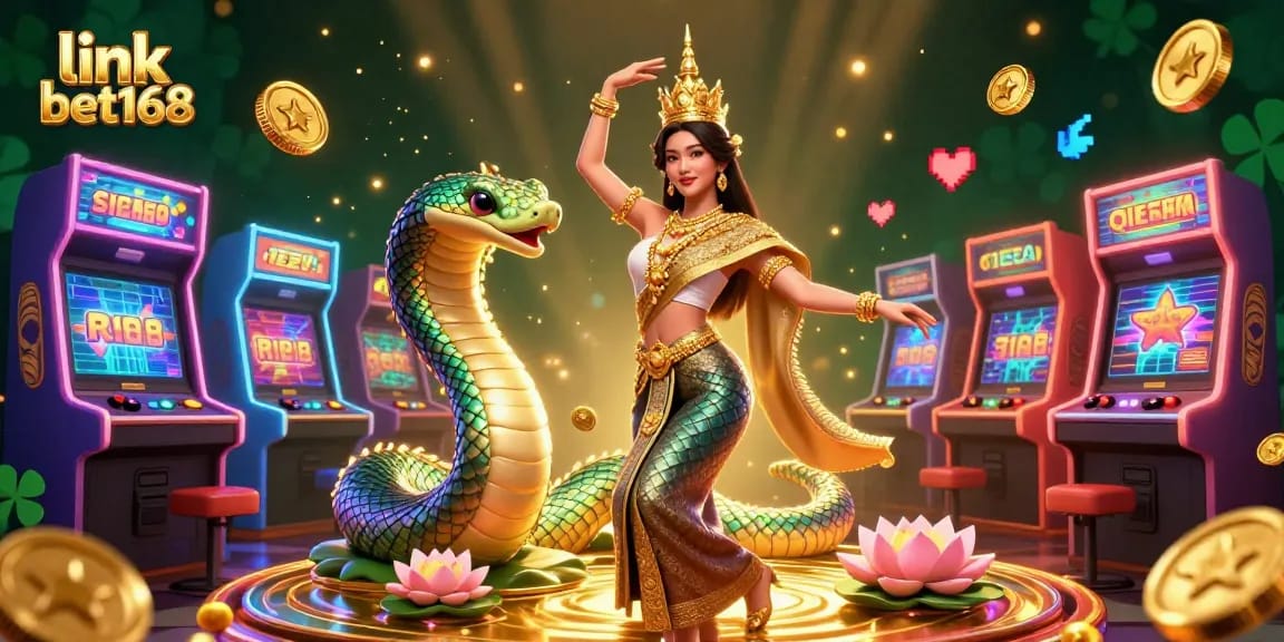 Engage with link bet168 while enjoying thrilling 3D visuals featuring a graceful Thai dancer with a Naga serpent.