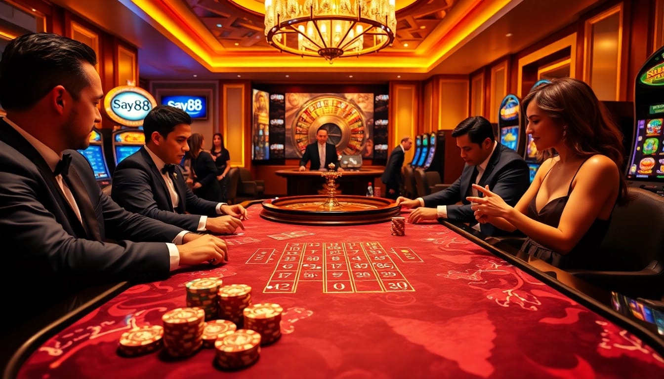 Experience high-stakes gaming at say88 with vibrant poker tables and thrilling roulette action.