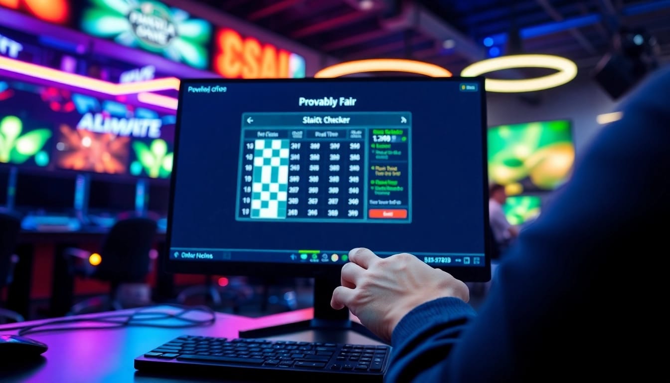 Validate gaming integrity with the Provably Fair Checker displayed on a sleek interface.