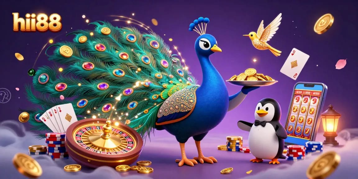 Spin the reels at hii88 Casino, showcasing vibrant jewels, golden chips, and playful characters.