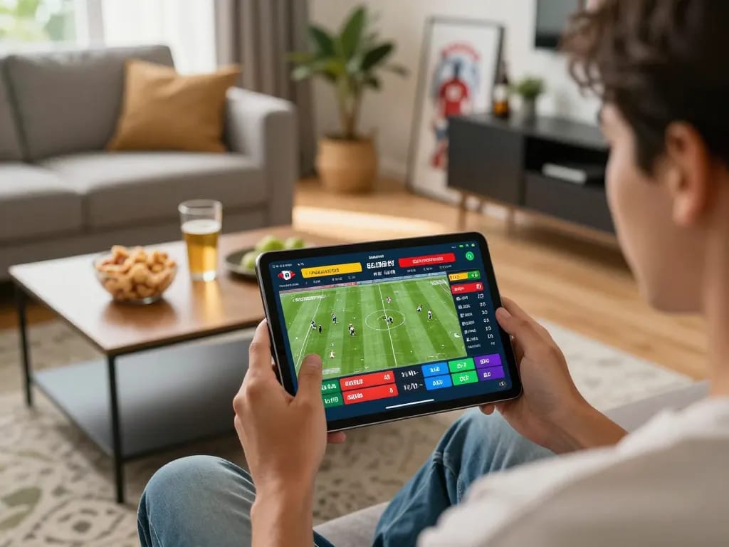 Person engaging in live sports betting on a tablet, showcasing BONGDALU odds and scores in a cozy home setting.
