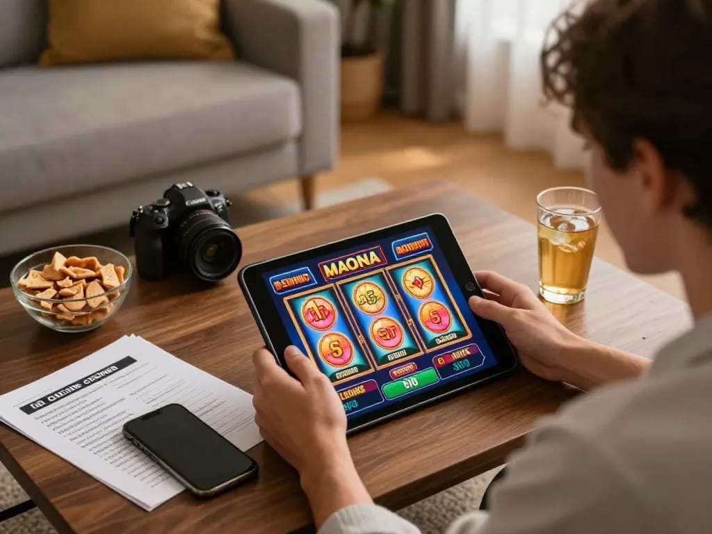 79king player enjoying online slots on tablet in a cozy setting, emphasizing responsible gaming.