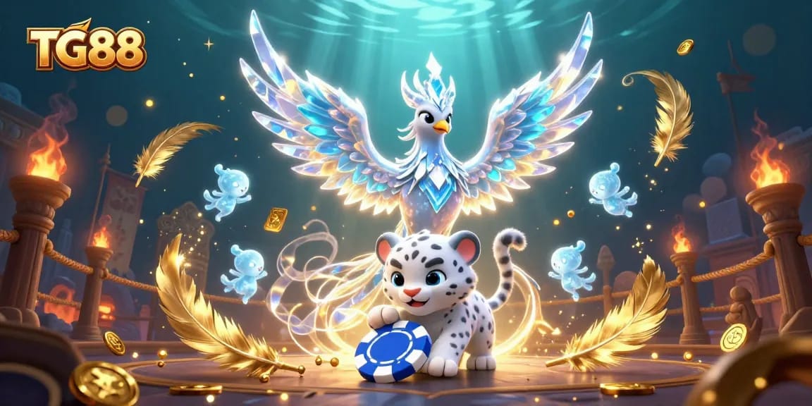 Engage with TG88's thrilling casino experience through a magical 3D illustration of an ice phoenix and playful elements.