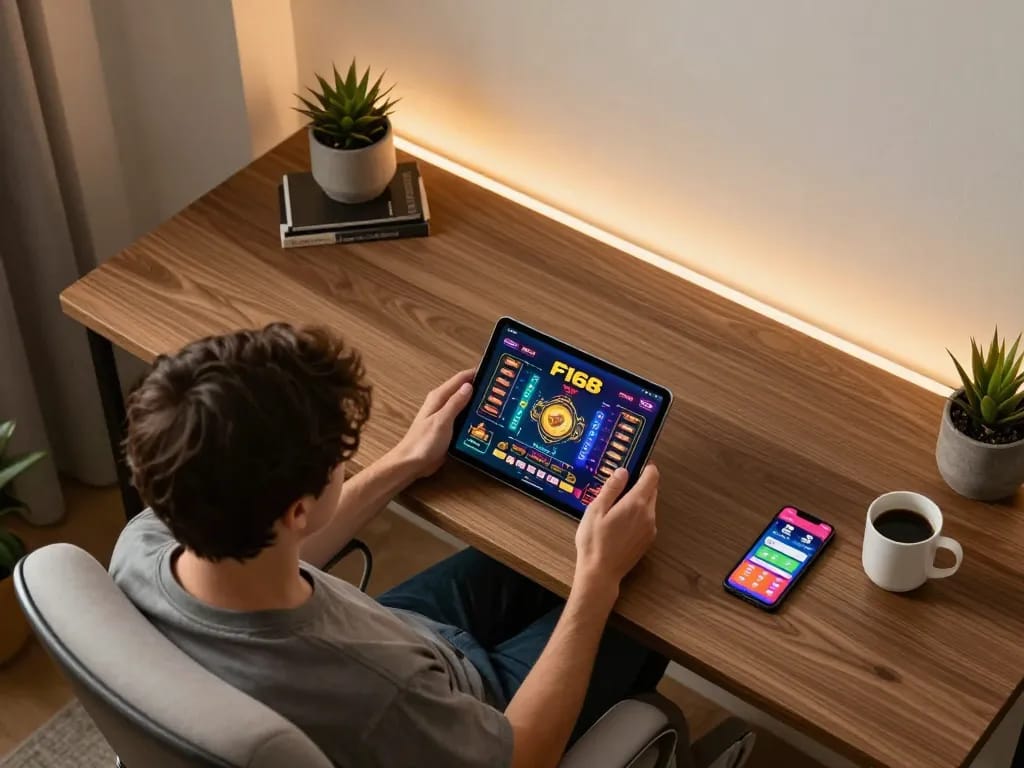 Engaging online gaming session on F168 platform in a modern home office setting.