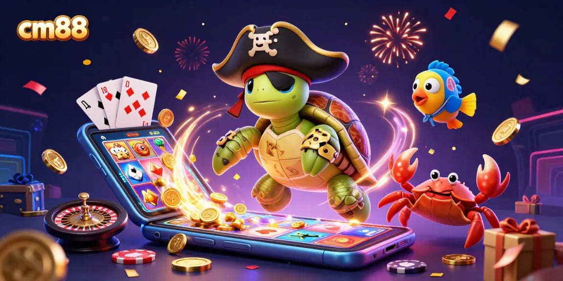 Engage in exciting casino fun with cm88 as characters celebrate above treasure in vibrant 3D illustration.