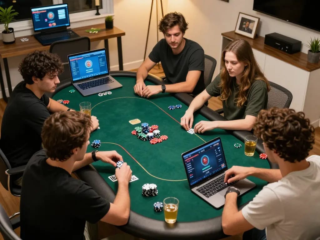 KJC Global members engaged in an online poker game, showcasing strategic betting actions in a home setting.