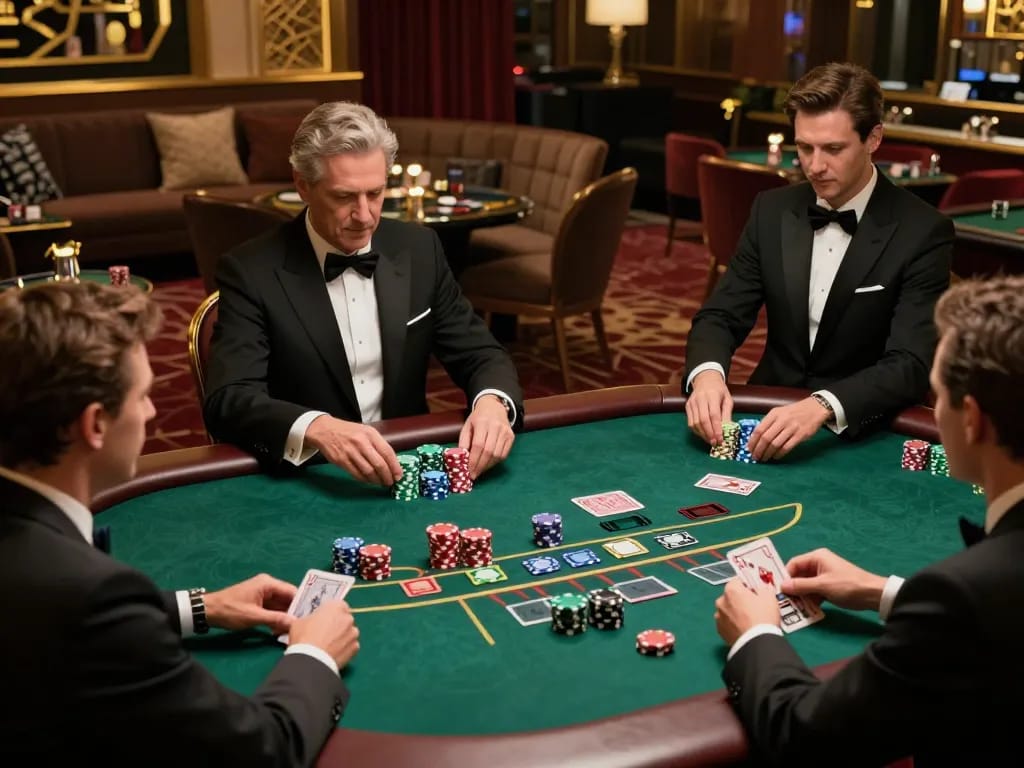 Players engaged in a strategic blackjack game at a luxury casino with CM88 branding elements visible in the scene