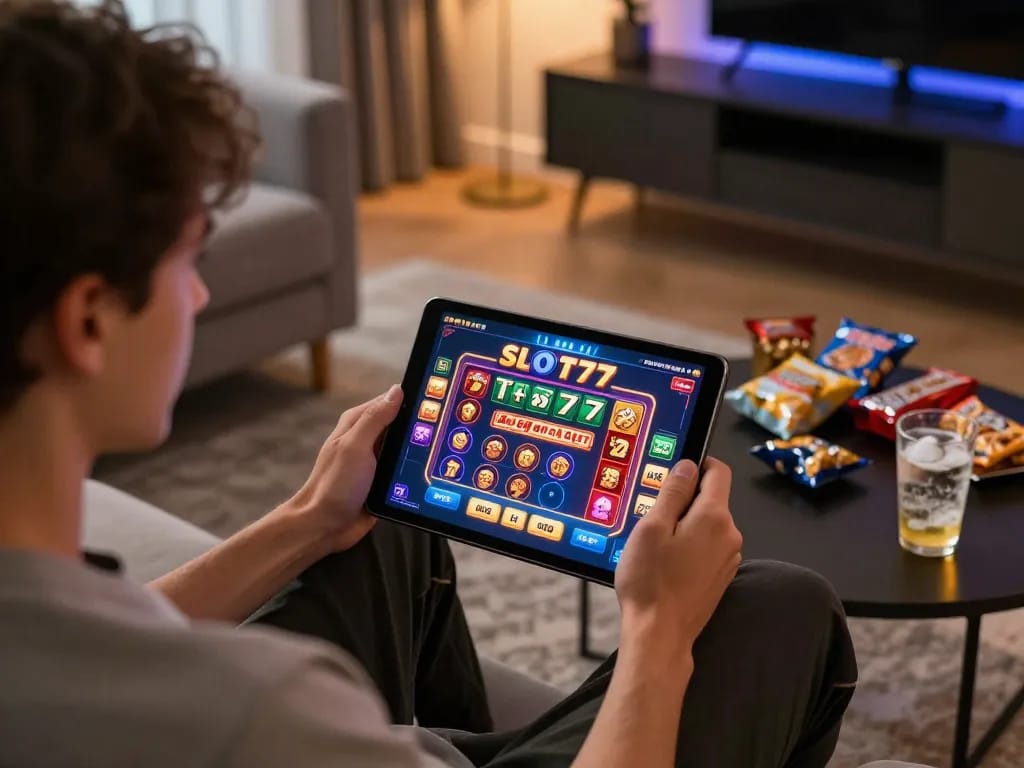 Engaging in a thrilling SLOT777 gaming session on a tablet from a cozy home.