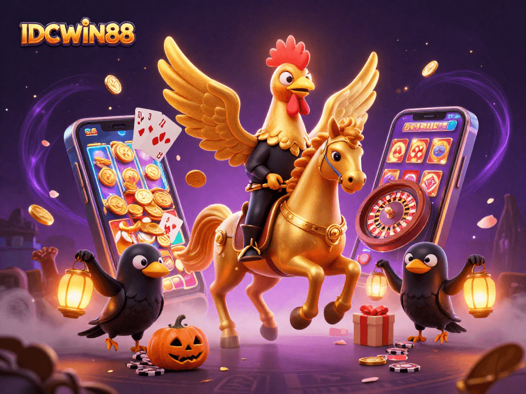 Experience thrilling wins at IDCWIN88 with vibrant casino action, golden rooster, and dynamic game elements.