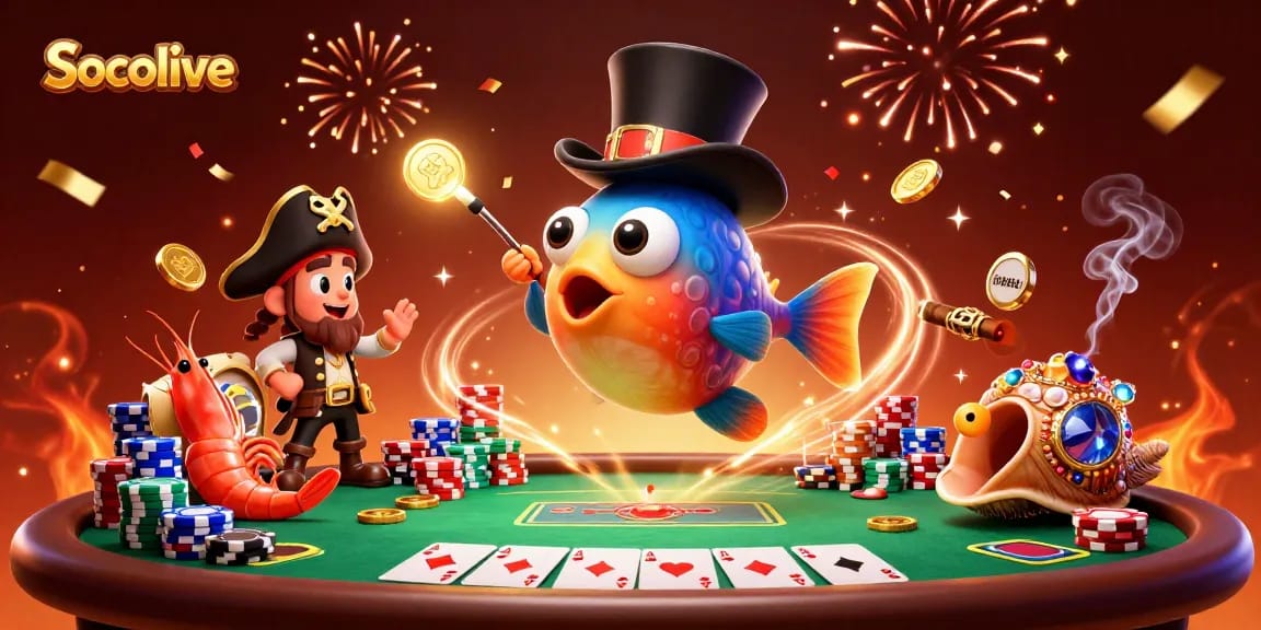 Socolive captures excitement with animated anglerfish and gold coins amidst a lively poker atmosphere.