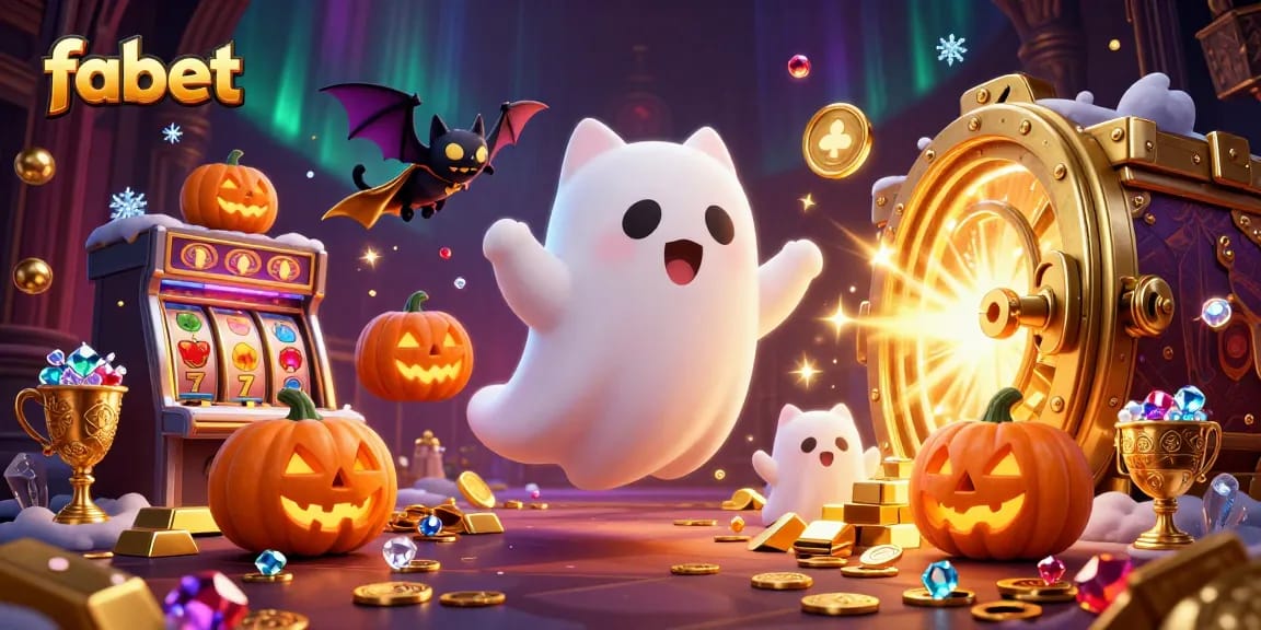 Join the fabet fun in this vibrant haunted casino scene with ghost cat and treasures.