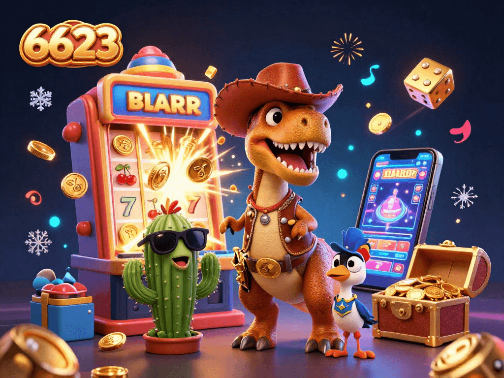 Spin to win with 6623's exciting casino games and dynamic rewards in this animated casino scene.