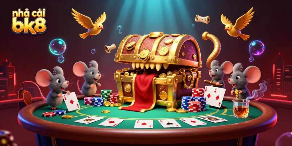 Engage with the exciting world of nhà cái bk8 featuring dynamic poker action and a treasure chest lure.