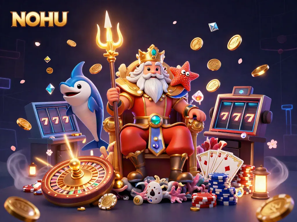 Experience the excitement of NOHU casino with a vivid 3D illustration of Neptune and vibrant gaming elements.