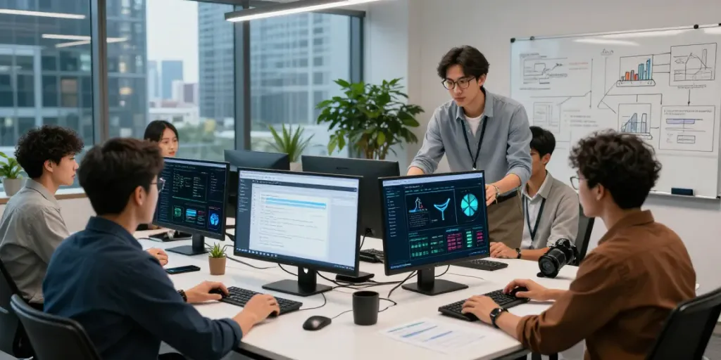 Collaborative workspace showcasing Enterprise AI development with diverse professionals analyzing data models.