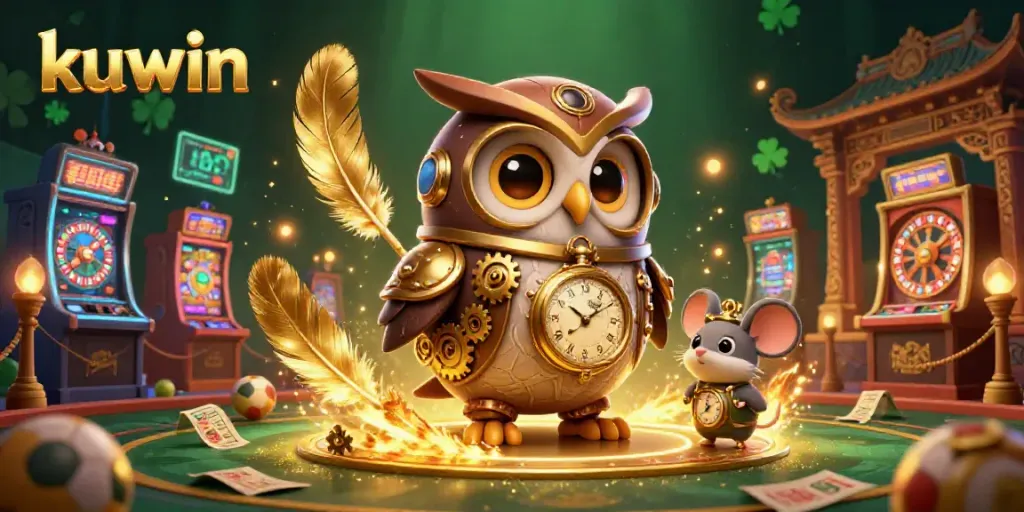 Kuwin showcases an exciting 3D casino scene featuring an owl and mouse amidst vibrant slots and betting action.