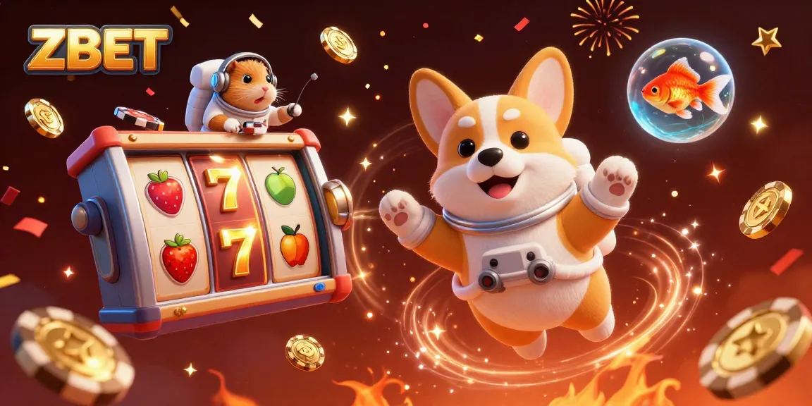 ZBET offers vibrant gaming excitement with a 3D space casino scene featuring a floating corgi and slot reels.