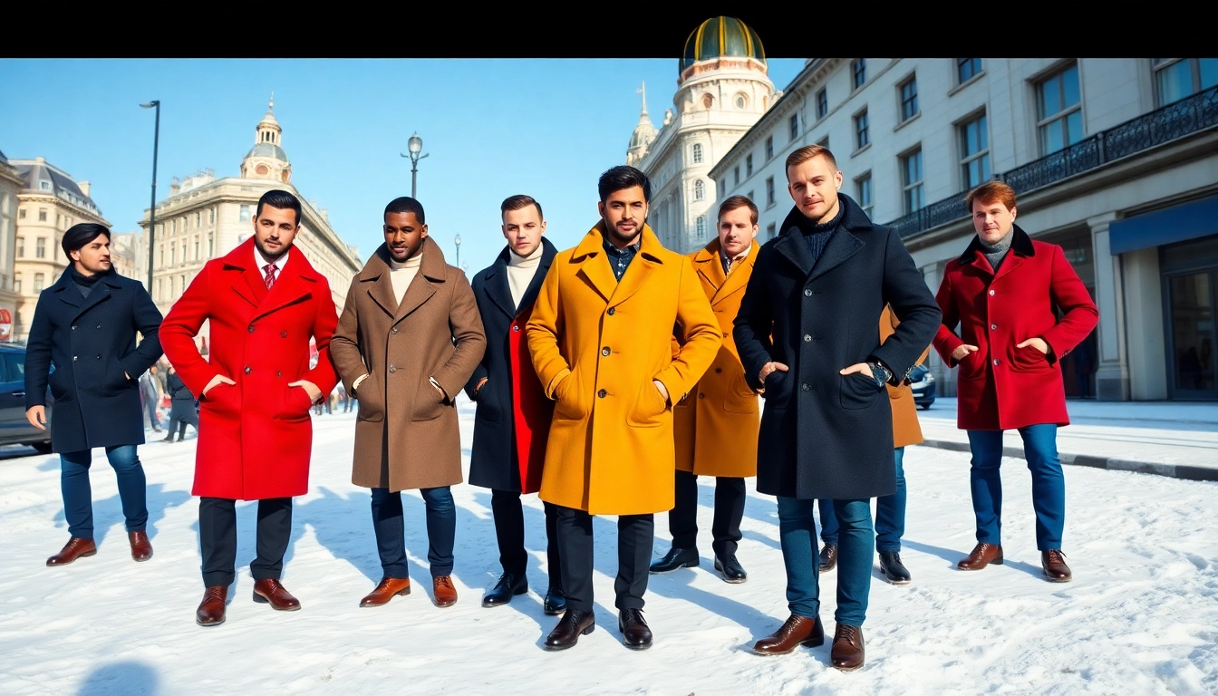Winter coats men showcased in a vibrant city scene, highlighting style and elegance.
