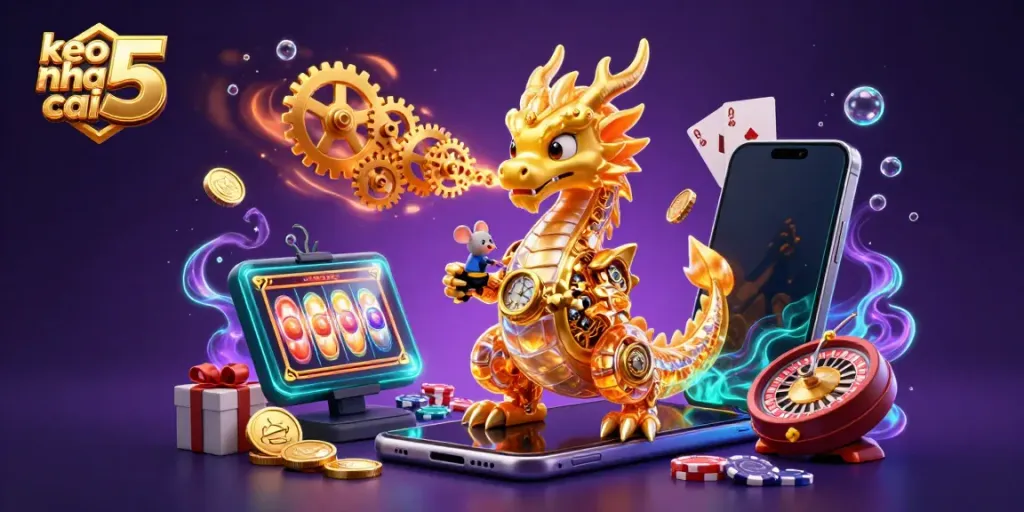 Experience the thrilling world of keo nha cai 5 with a stunning dragon and casino elements in a dynamic scene.