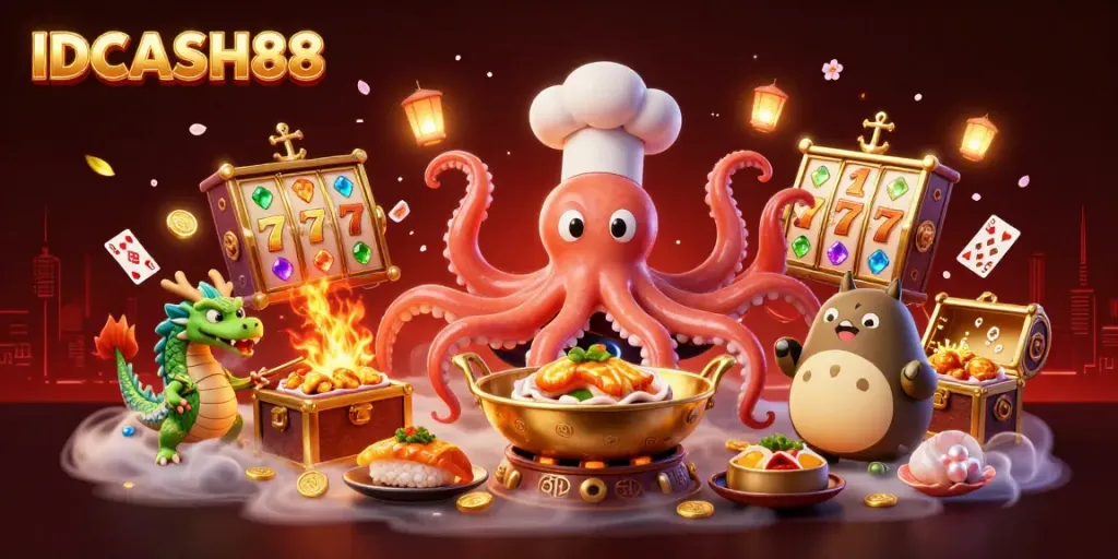 Experience the excitement of IDCASH88 with an action-packed scene featuring a sushi chef octopus and gaming elements.
