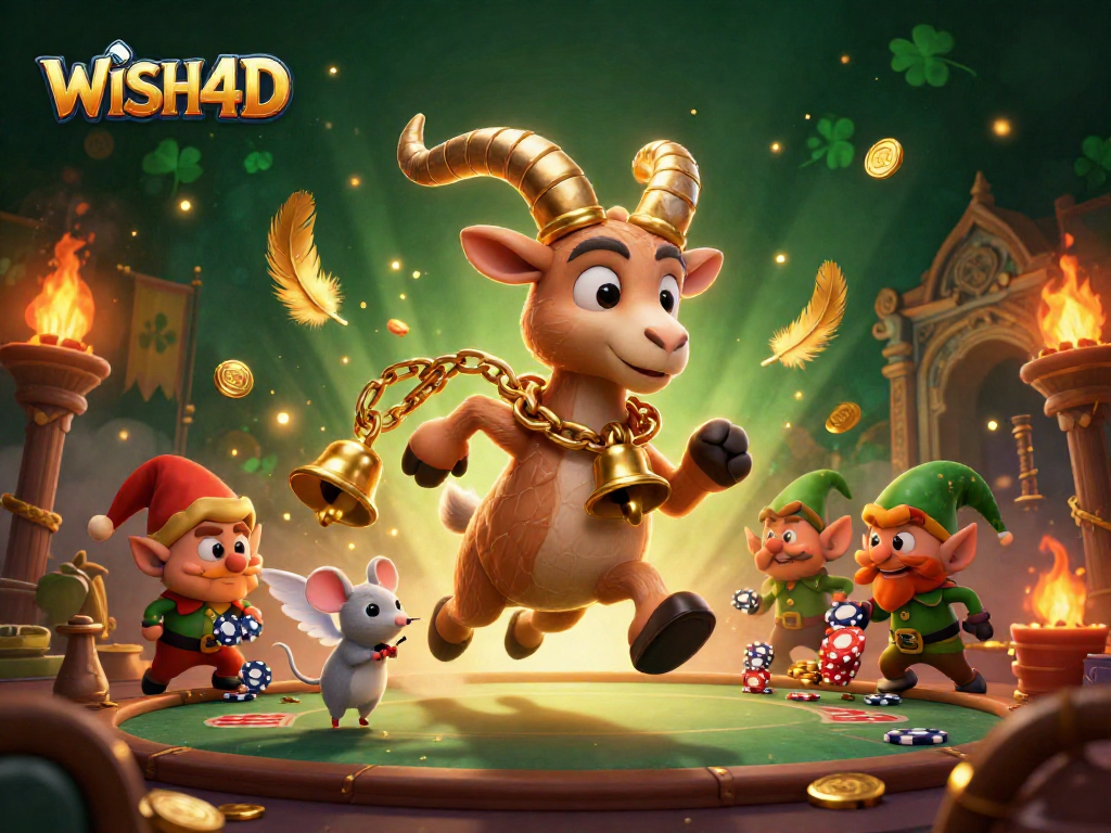 WISH4D presents a festive and spooky casino scene with a Krampus goat and mischievous gremlins.