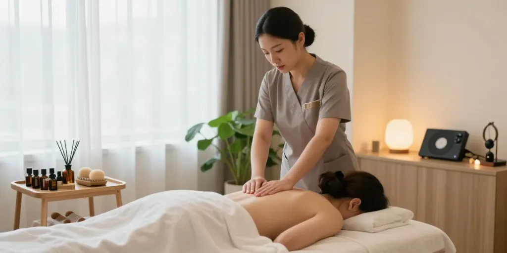 Client receiving 일산출장안마 in a calming wellness center atmosphere with ambient lighting and soothing decor.